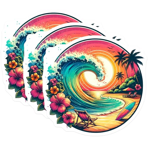 (3 Pack) Tropical Beach Decals - Surfboard Laptop Sticker - Beach Wave Stickers- 3 Inches On Longest Side - Easy Peel & Apply - Made in USA - 3MCS5984