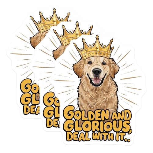 (3 Pack) Golden Retriever Decals - Crowned Dog - Laptop Decal - Golden and Glorious - 3 Inches On Longest Side - Easy Peel & Apply - Made in USA - 3MCS7277