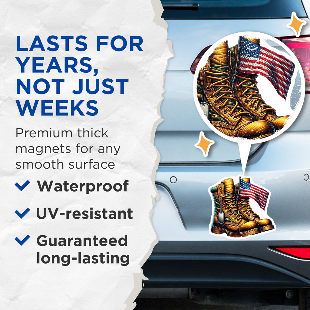(2 Pack) Military Boots Magnets - American Flag Decor - Patriotic USA Souvenirs - 5" On Longest Side - Premium Magnet - for Cars, Refrigerators, Toolboxes, Lockers - Made in USA - MAG16116