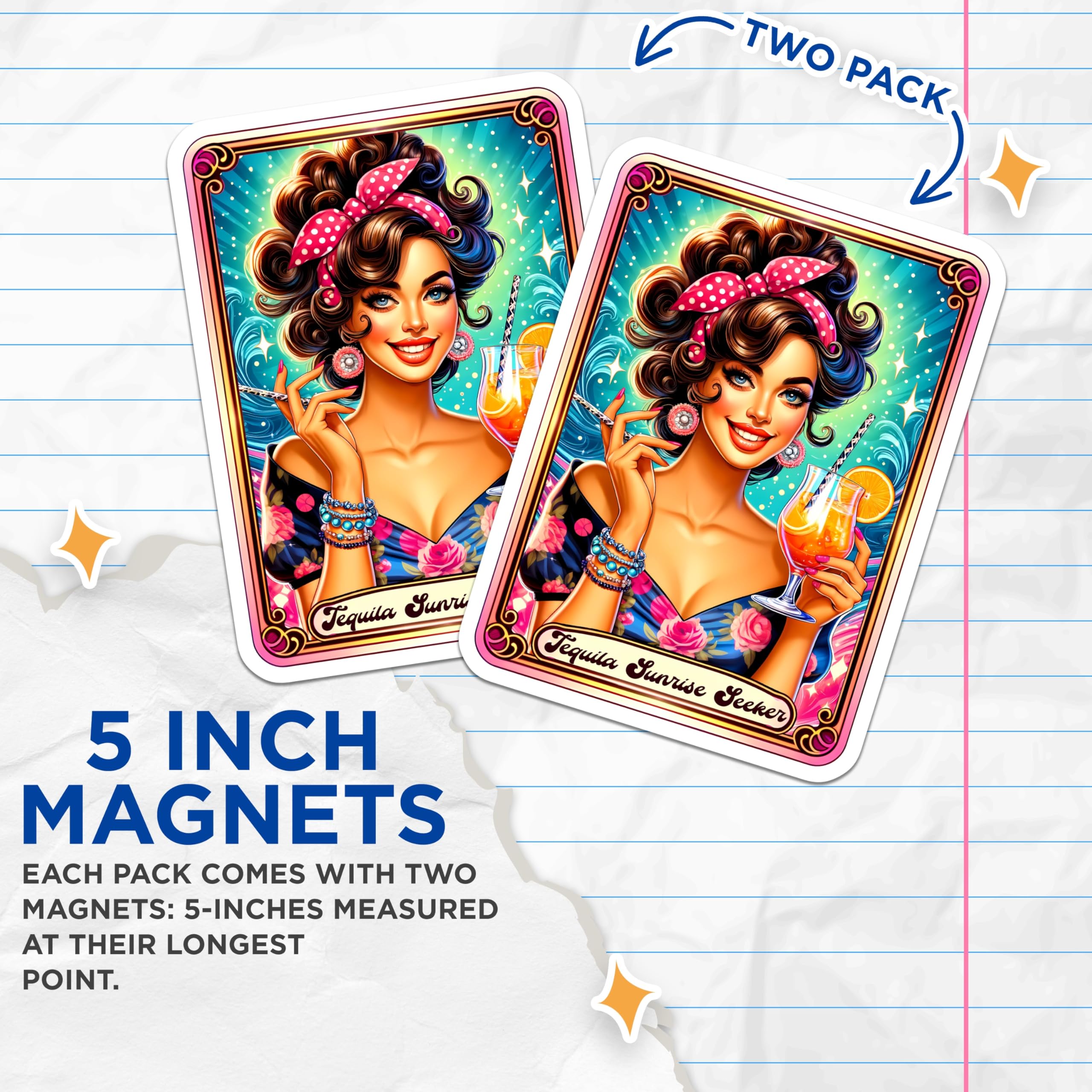 (2 Pack) Tequila Sunrise Magnets - Happy Hour Cocktail Lady - Retro Bar Kitchen Refrigerator Decor - Pin Up Style Drink Art - 5 Inches On Longest Side - Thick Durable Magnet - Made in USA - MAG20305