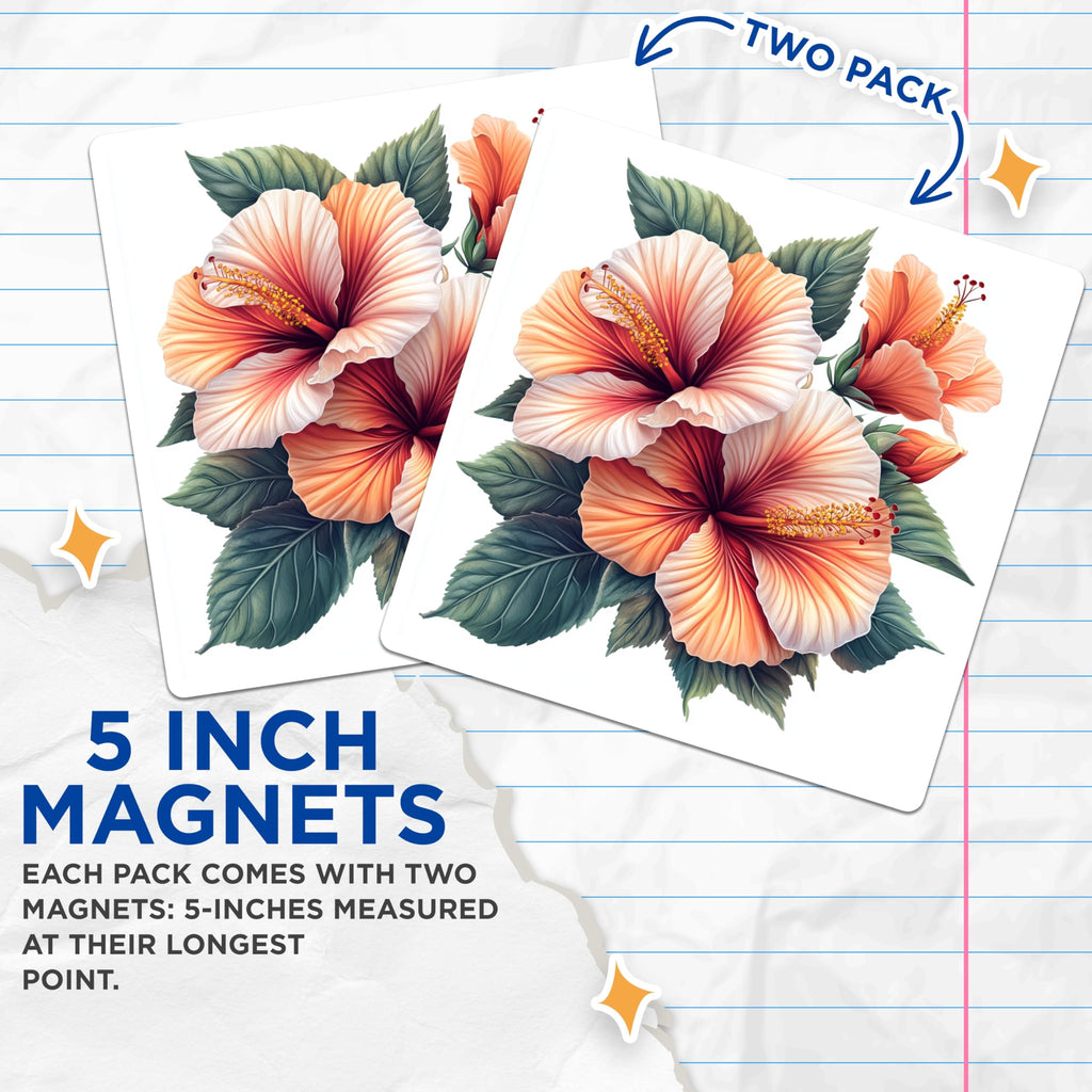 (2 Pack) Hibiscus Flower Magnets - Tropical Floral - Vibrant Kitchen Decor - 5 Inches On Longest Side - Thick Durable Magnet - Made in USA - MAG30462