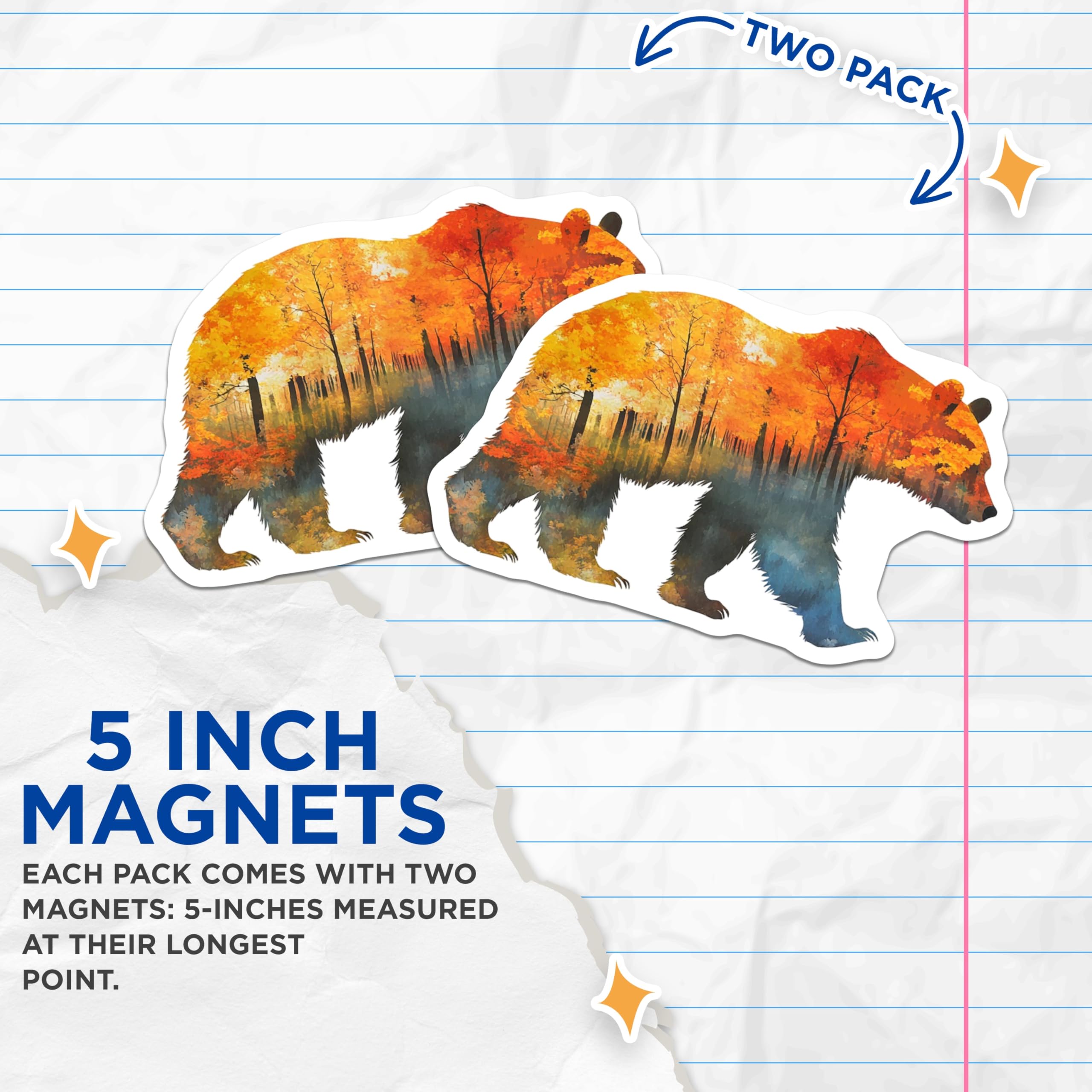 (2 Pack) Bear Magnets - Autumn Forest Art - Cabin Decor - 5" On Longest Side - Premium Magnet - for Cars, Refrigerators, Toolboxes, Lockers - Made in USA - MAG15519