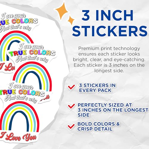 (3 Pack) True Colors Decals - Rainbow Love - Positive Affirmation- 3 Inches On Longest Side - Easy Peel & Apply - Made in USA - 3MCS5250