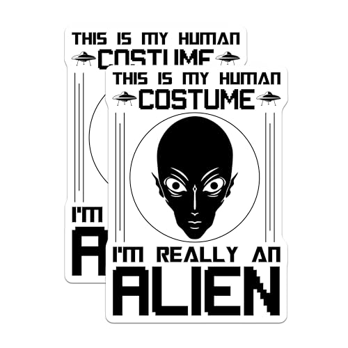 (2 Pack) Alien Costume Stickers - Funny Alien Stickers - UFO Extraterrestrial Humor Decal - 5" On Longest Side - Sticks to Smooth Flat Surfaces - Made in USA - BMCS5522