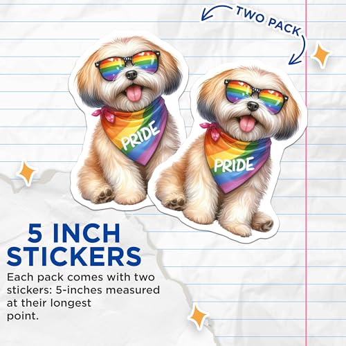 (2 Pack) Pride Dog Stickers - Rainbow Bandana Dog - Cute Dog with Sunglasses Sticker - 5" On Longest Side - Sticks to Smooth Flat Surfaces - Made in USA - BMCS6443