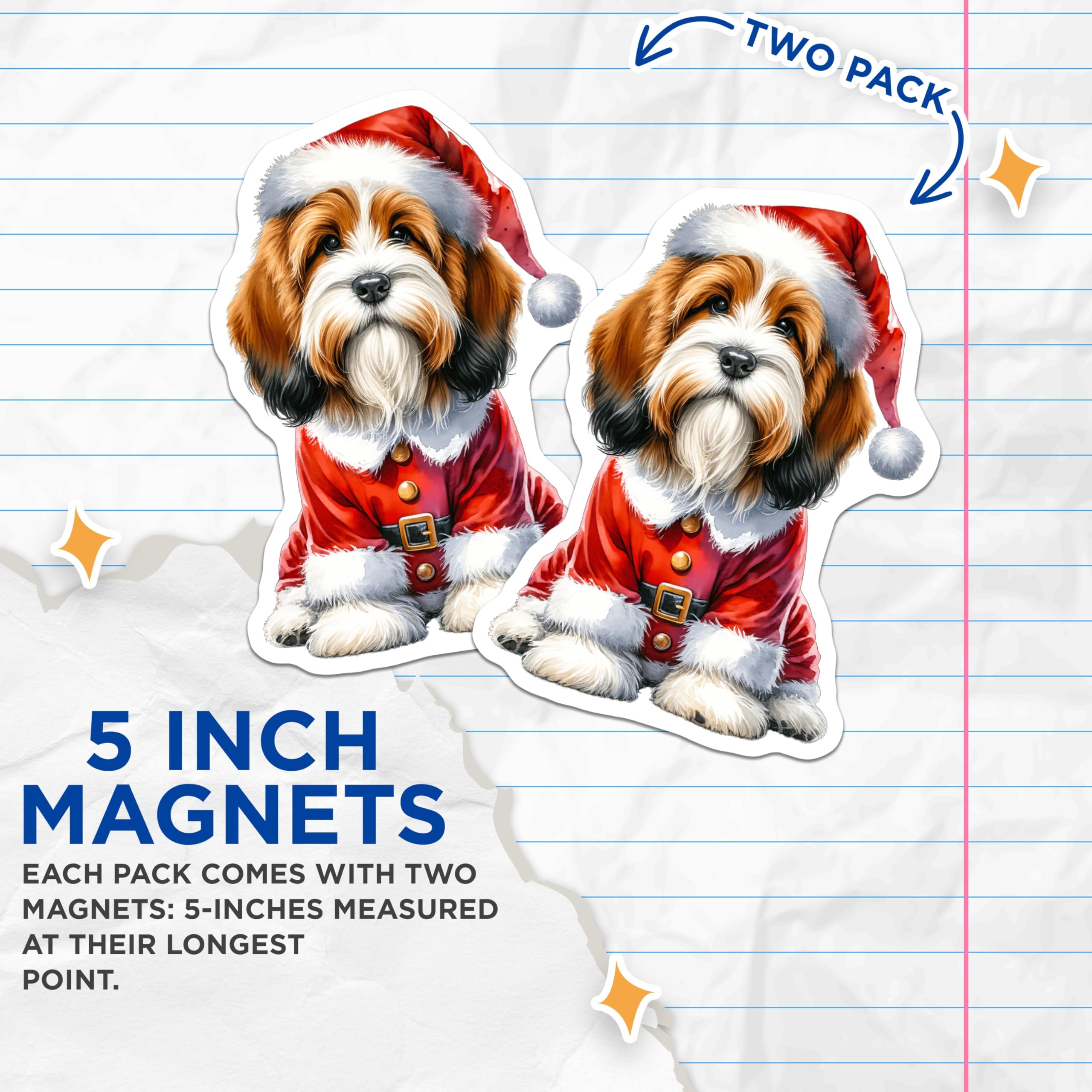 (2 Pack) Fluffy Santa Dog Magnets - Christmas Puppy Art - Holiday Pet Decor - 5 Inches On Longest Side - Thick Durable Magnet - Made in USA - MAG26838