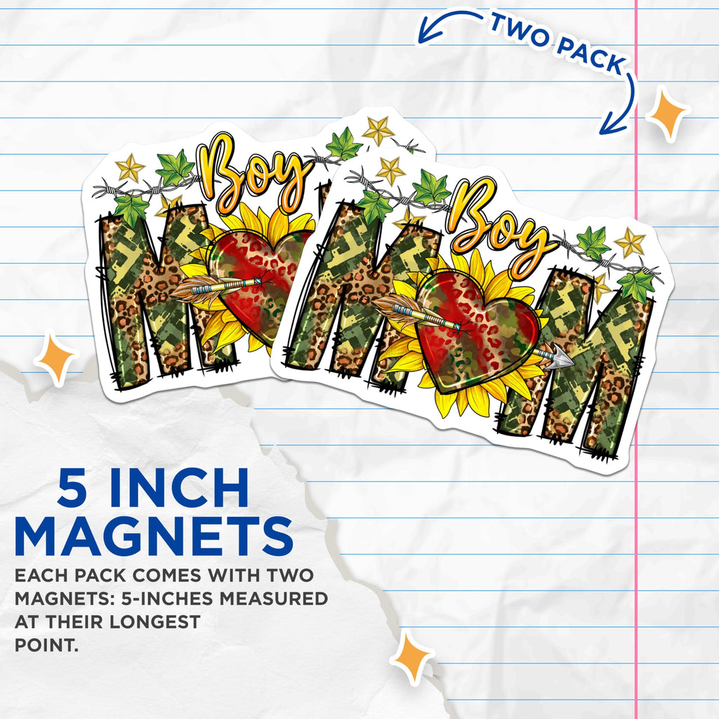 (2 Pack) Boy Mom Magnets - Camo Leopard Print - Sunflower Barbed Wire Arrow Heart - 5 Inches On Longest Side - Thick Durable Magnet - Made in USA - MAG23349
