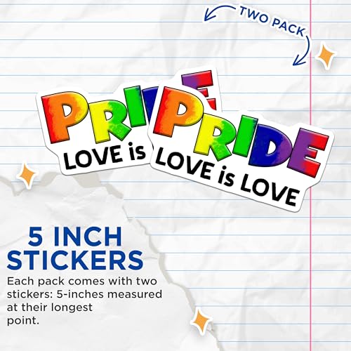 (2 Pack) Pride Stickers - Love is Love - LGBTQ Rainbow - 5" On Longest Side - Sticks to Smooth Flat Surfaces - Made in USA - BMCS8267