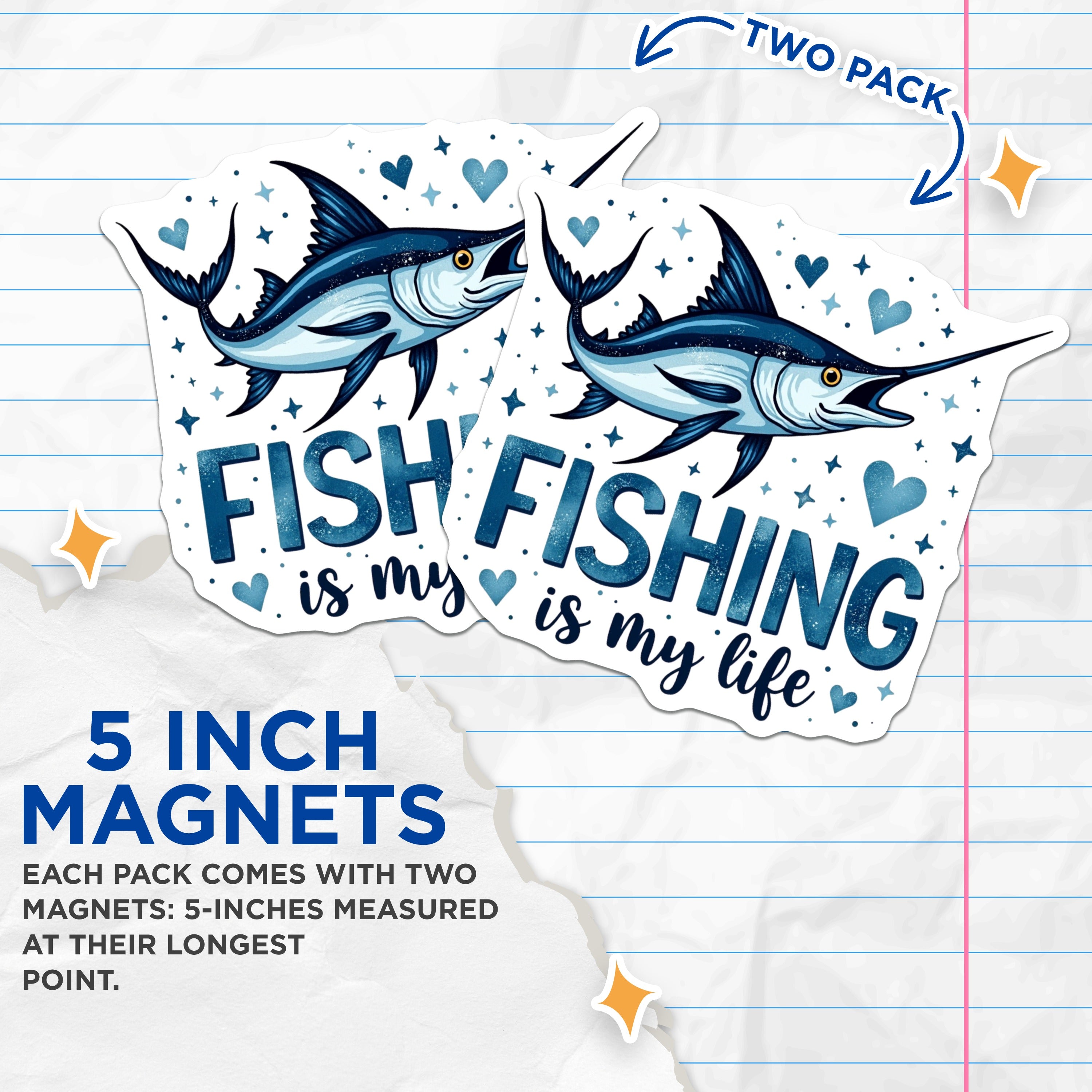 (2 Pack) Fishing is My Life Magnets - Marlin Fish Lover Decor - Fisherman Angler Refrigerator Art - 5 Inches On Longest Side - Thick Durable Magnet - Made in USA - MAG37719