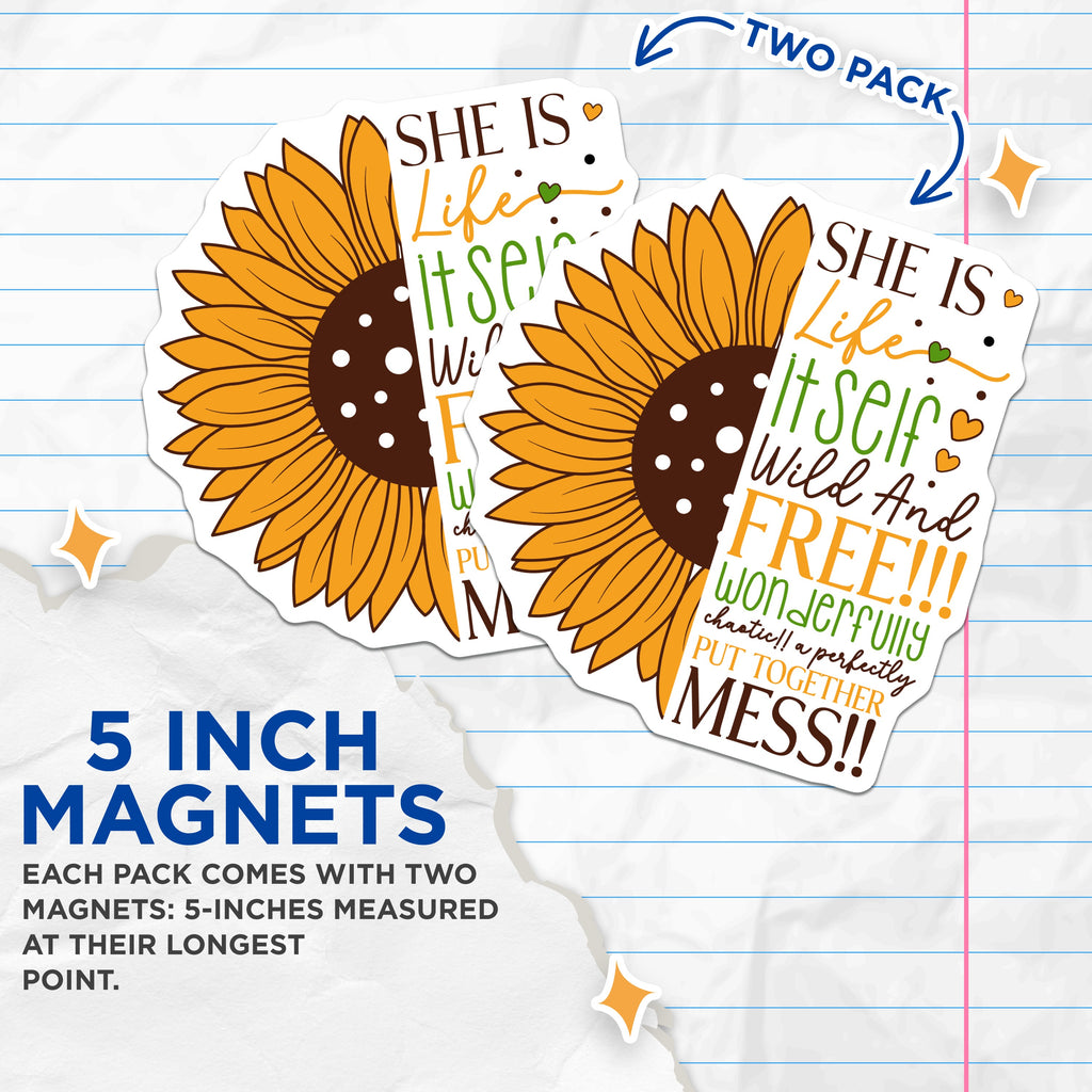 (2 Pack) Sunflower Quote Magnets - Wild Free Woman Message - Empowering Boho Decor - Chaotic Mess Affirmation - 5 Inches On Longest Side - Thick Durable Magnet - Made in USA - MAG38734