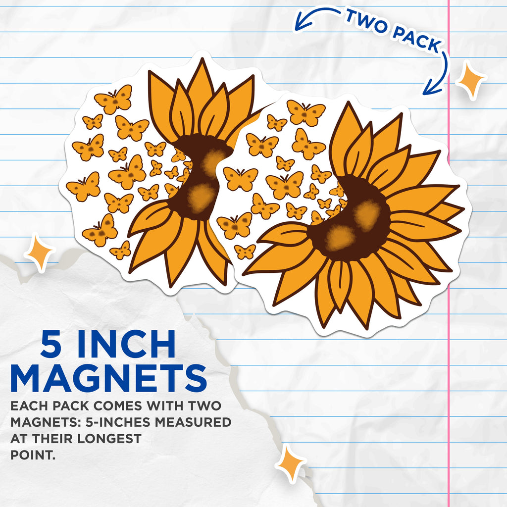 (2 Pack) Sunflower Butterfly Magnets - Happy Floral Fridge Decor - Boho Kitchen Aesthetic - Housewarming Appreciation - 5 Inches On Longest Side - Thick Durable Magnet - Made in USA - MAG36711