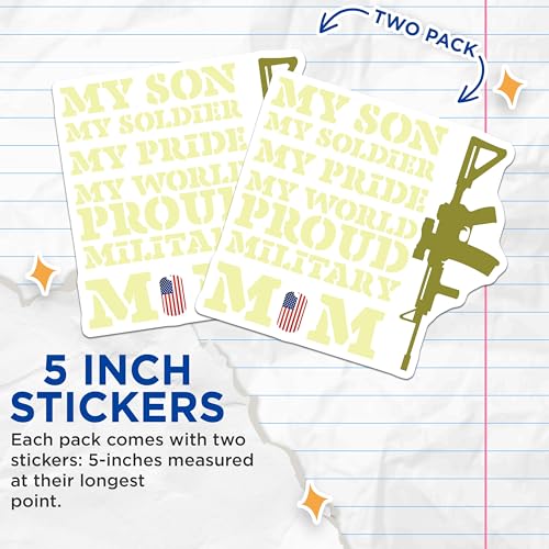 (2 Pack) Proud Military Mom Stickers - My Son My Soldier My Pride - My World Army Mom Decals - Patriotic Mom Stickers - 5" On Longest Side - Sticks to Smooth Flat Surfaces - Made in USA - BMCS5207