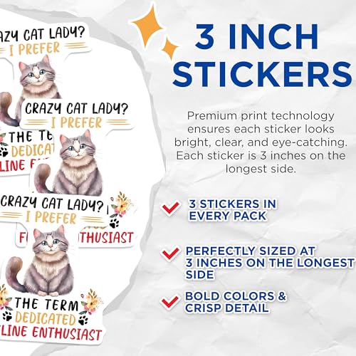 (3 Pack) Crazy Cat Lady Decals - Dedicated Feline Enthusiast - Laptop Decal - 3 Inches On Longest Side - Easy Peel & Apply - Made in USA - 3MCS6492