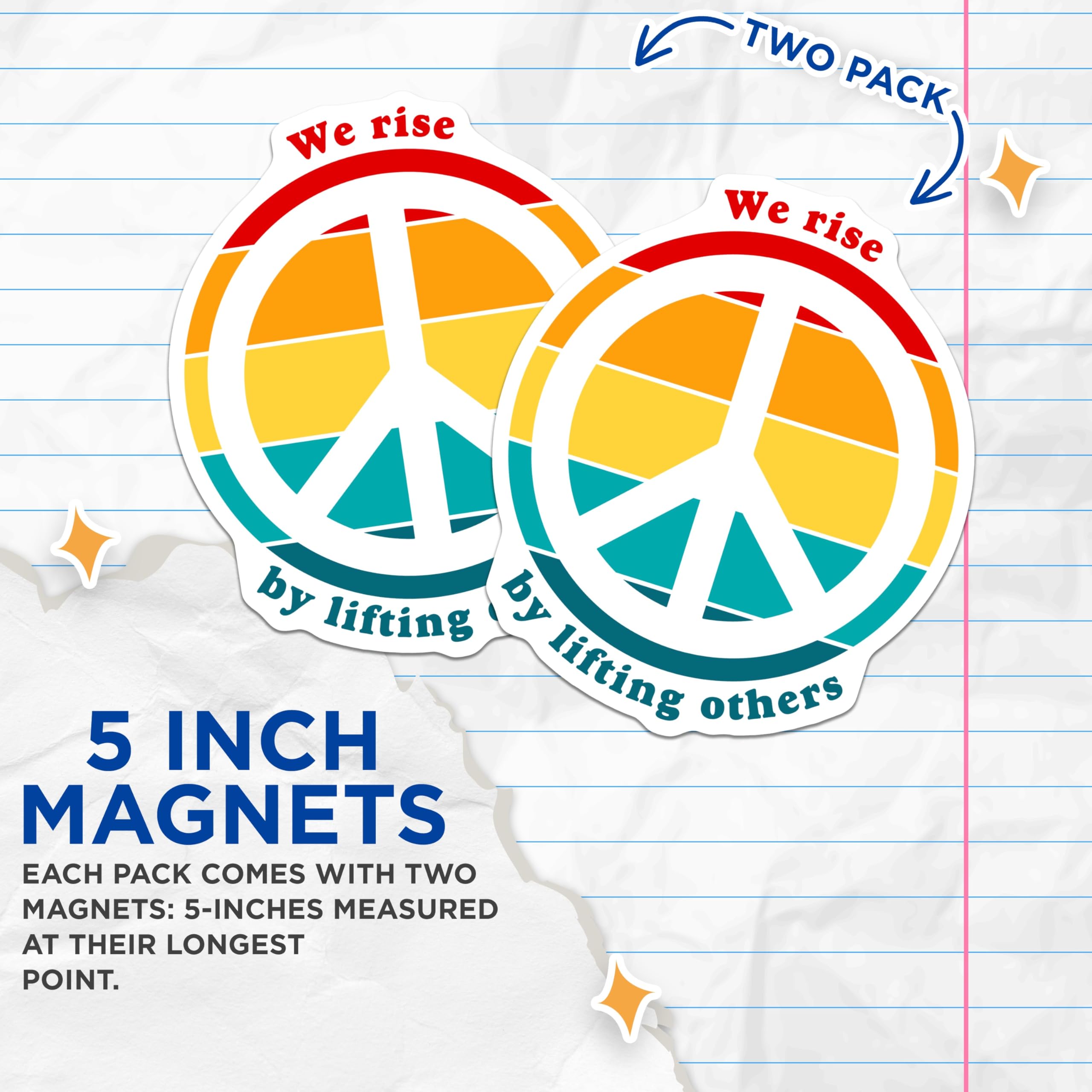 (2 Pack) Peace Sign Magnets - Inspirational We Rise by Lifting Others Quote - Unity and Kindness Message - Retro Vibes Decor - 5 Inches On Longest Side - Thick Durable Magnet - Made in USA - MAG22863