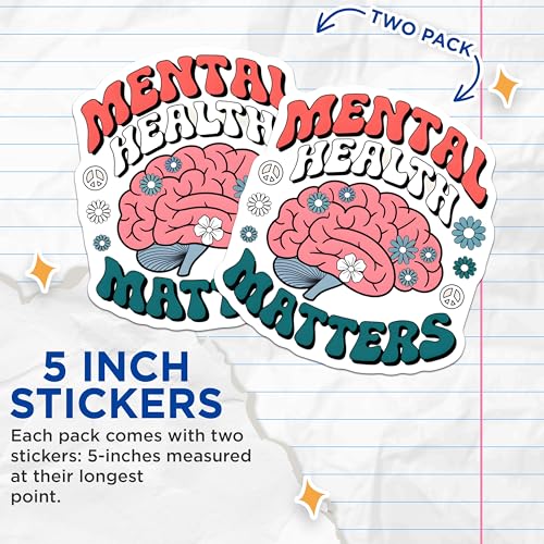(2 Pack) Mental Health Matters Stickers - Positive Mental Health Decals - Self Care Motivation Stickers - 5" On Longest Side - Sticks to Smooth Flat Surfaces - Made in USA - BMCS4561
