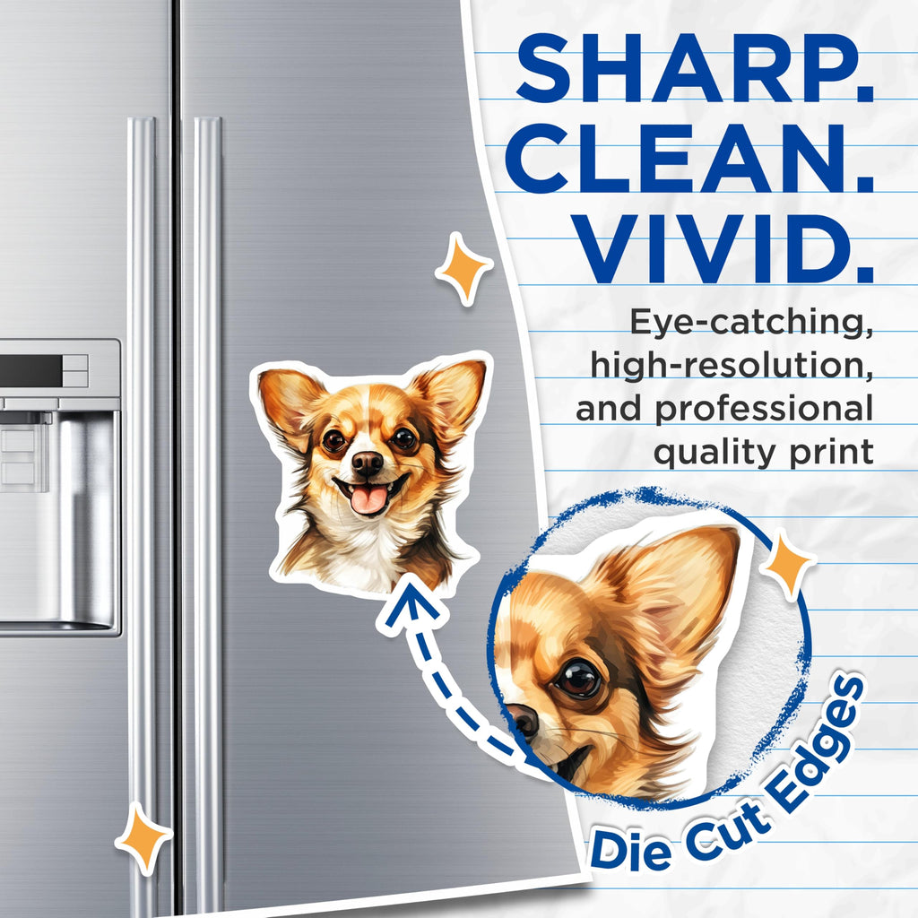 (2 Pack) Happy Chihuahua Magnets - Dog Lover Fridge Decor - Pet Parent Cute Animal Art - Smiling Long Hair Dog Portrait - 5 Inches On Longest Side - Thick Durable Magnet - Made in USA - MAG25834