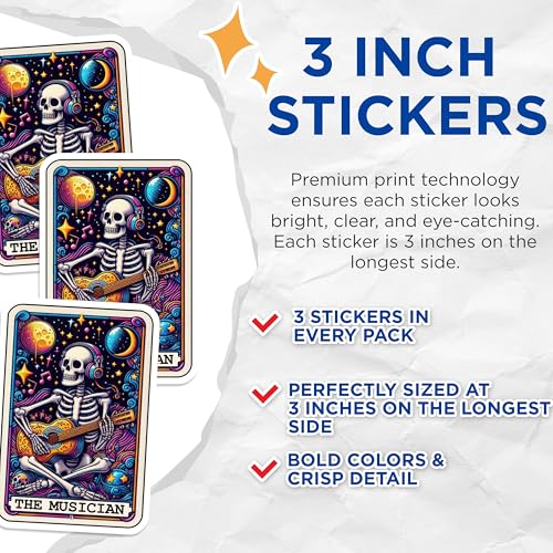 (3 Pack) Musician Skeleton Decals - Tarot Card Vinyl Decal - Music Lover Laptop Decal - 3 Inches On Longest Side - Easy Peel & Apply - Made in USA - 3MCS4229