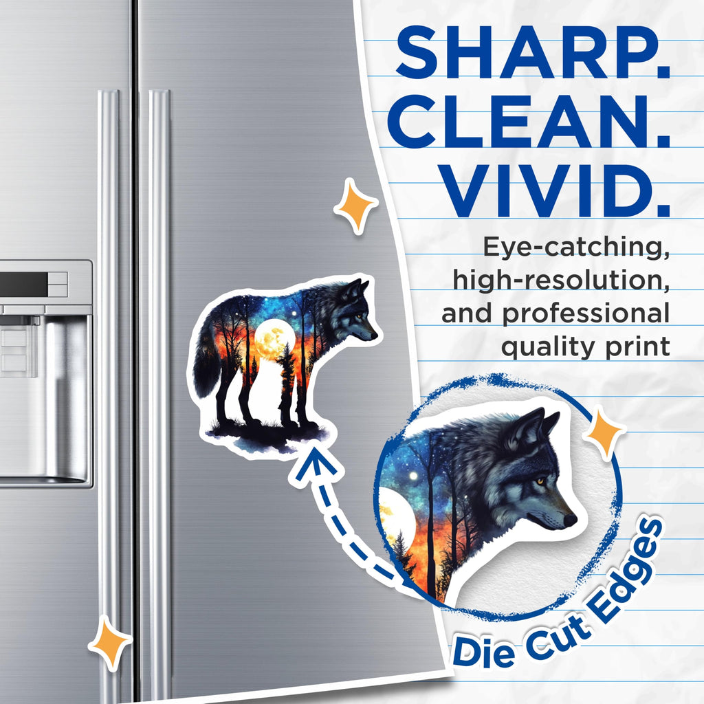 (2 Pack) Wolf Magnets - Double Exposure Moonscape - Animal Lovers Decor - 5" On Longest Side - Premium Magnet - for Cars, Refrigerators, Toolboxes, Lockers - Made in USA - MAG16229