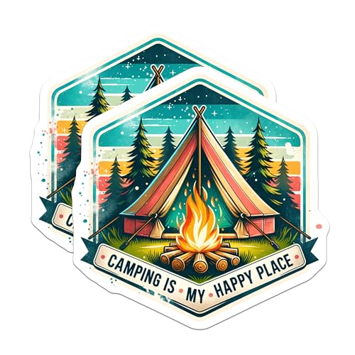 (2 Pack) Camping is My Happy Place Magnets - Outdoors Decor - Nature Lover - Adventure Seekers - Campfire Scene - 5" On Longest Side - for Cars, Fridges, Toolboxes - Made in USA - MAG6625