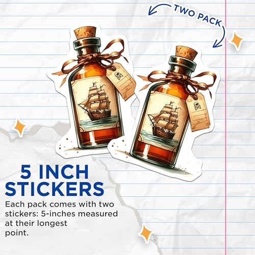 (2 Pack) Pirate Ship in a Bottle Stickers - Nautical Adventure Art - Vintage Sea Voyage - 5" On Longest Side - Sticks to Smooth Flat Surfaces - Made in USA - BMCS6805