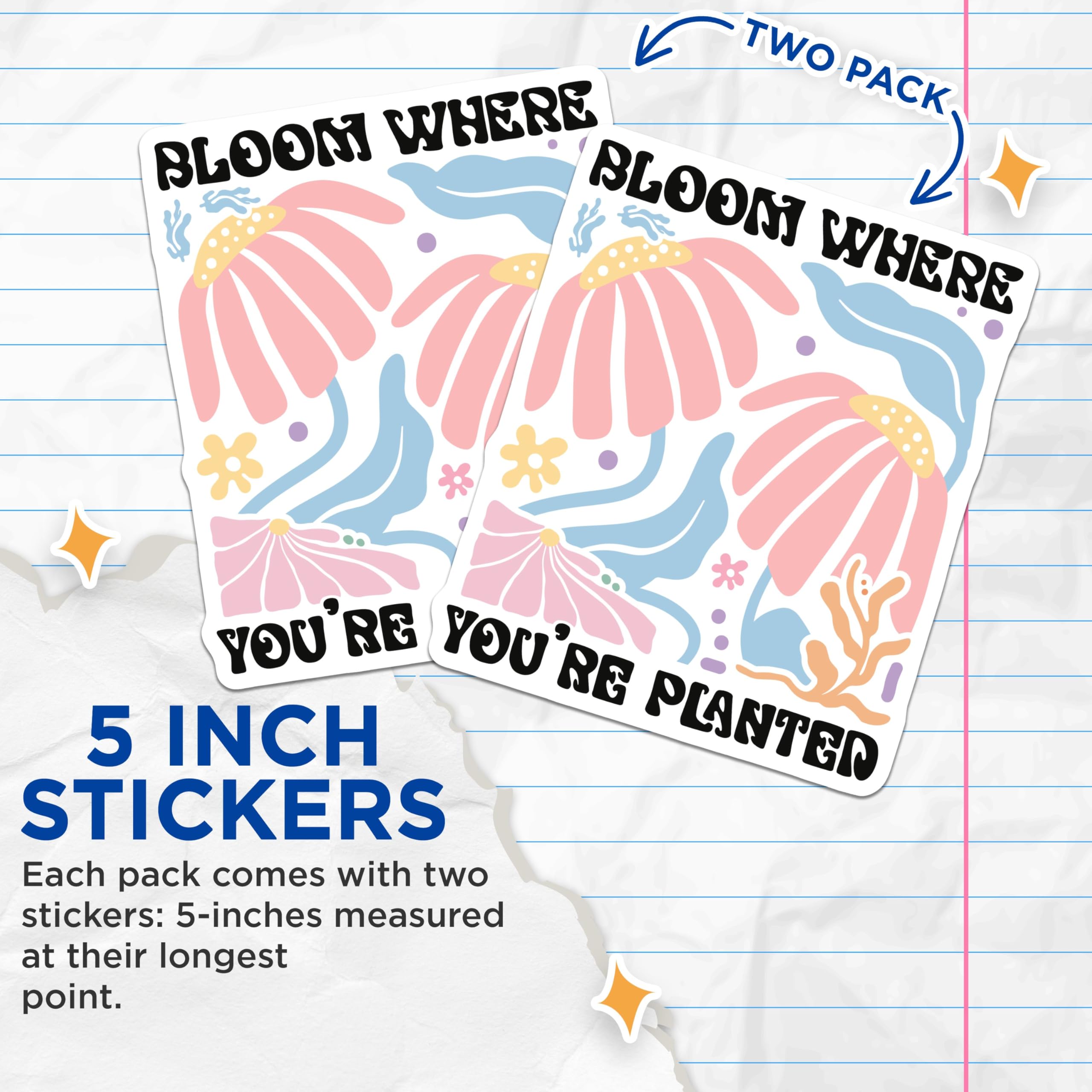 (2 Pack) Bloom Where You're Planted Stickers - Positive Quote Stickers - Motivational Flower Stickers - 5" On Longest Side - Sticks to Smooth Flat Surfaces - Made in USA - BMCS3834