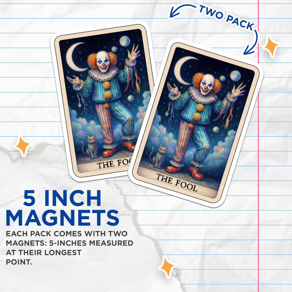 (2 Pack) The Fool Tarot Card Magnets - Whimsical Clown Art - Mystical Cat Decor - Celestial Stars Moon Aesthetic - 5 Inches On Longest Side - Thick Durable Magnet - Made in USA - MAG21614