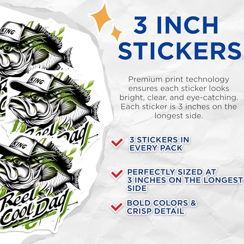 (3 Pack) Reel Cool Dad Decals - Fishing Lover - Fathers Day Decals - 3 Inches On Longest Side - Easy Peel & Apply - Made in USA - 3MCS2331