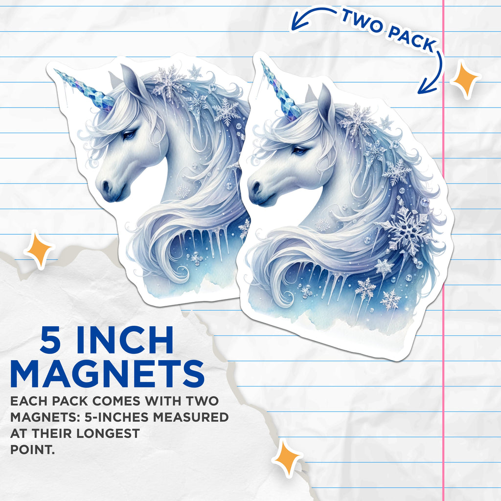 (2 Pack) Winter Unicorn Magnets - Fantasy Fridge Decor - Snowflake Magical Creature - 5 Inches On Longest Side - Thick Durable Magnet - Made in USA - MAG37589