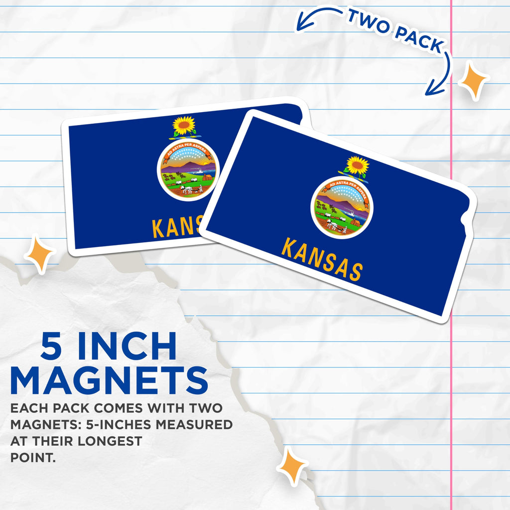 (2 Pack) Kansas State Flag Magnets - Ad Astra Per Aspera - Sunflower State Pride - 5 Inches On Longest Side - Thick Durable Magnet - Made in USA - MAG22556