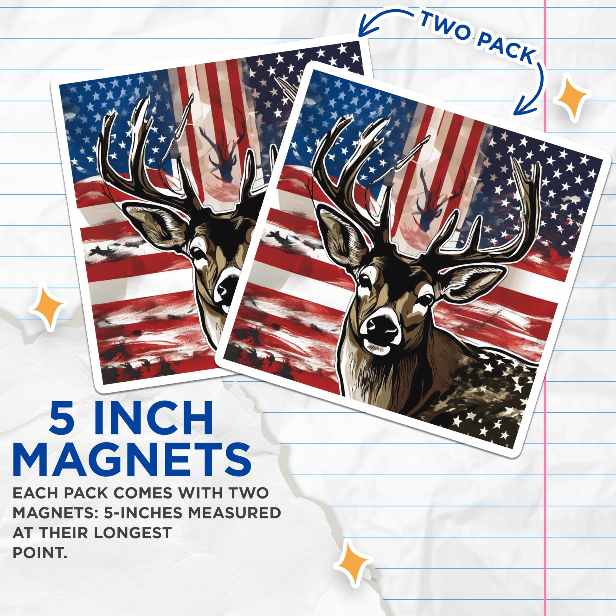 (2 Pack) Patriotic Deer Magnets - USA Flag Wildlife Art - Buck Hunting Enthusiast Decor - Nature Lover Refrigerator Accessory - 5 Inches On Longest Side - Thick Durable Magnet - Made in USA - MAG19564