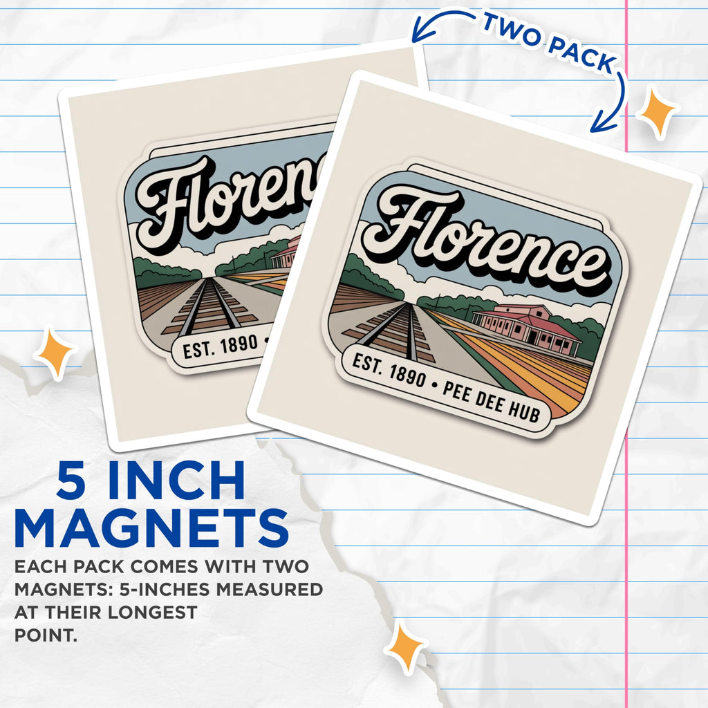 (2 Pack) Florence SC Magnets - Pee Dee Hub - South Carolina Travel Souvenir - 5" On Longest Side - Premium Magnet - for Cars, Refrigerators, Toolboxes, Lockers - Made in USA - MAG17940