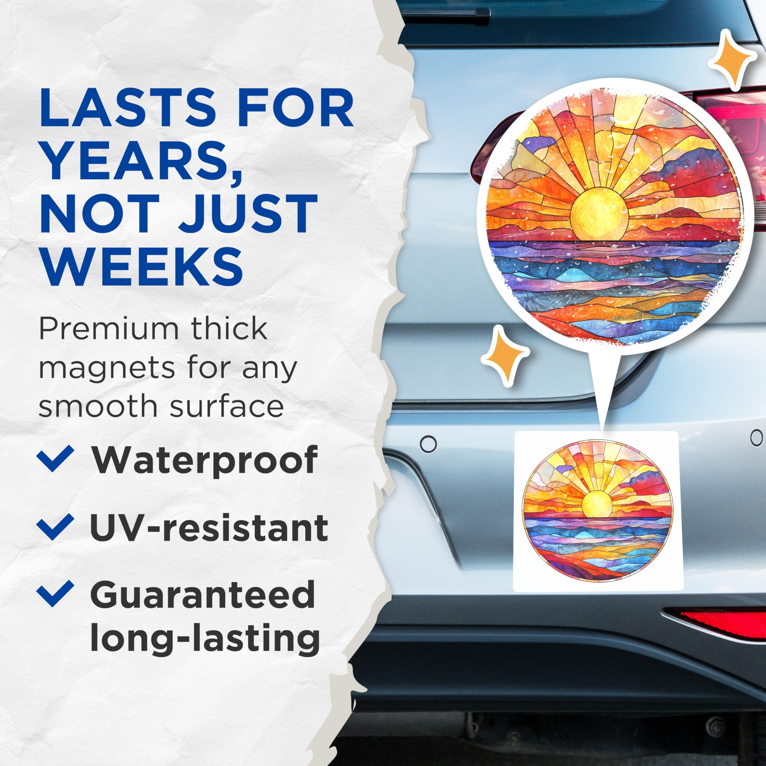 (2 Pack) Stained Glass Sunset Magnets - Ocean Horizon Art - Vibrant Sunrise - Coastal Home Decor - 5 Inches On Longest Side - Thick Durable Magnet - Made in USA - MAG29426