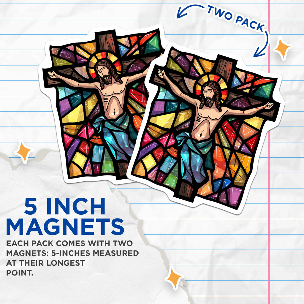 (2 Pack) Stained Glass Jesus Crucifixion Magnets - Christian Faith Decor - Catholic Religious Art Holy Week Symbol - 5 Inches On Longest Side - Thick Durable Magnet - Made in USA - MAG36885