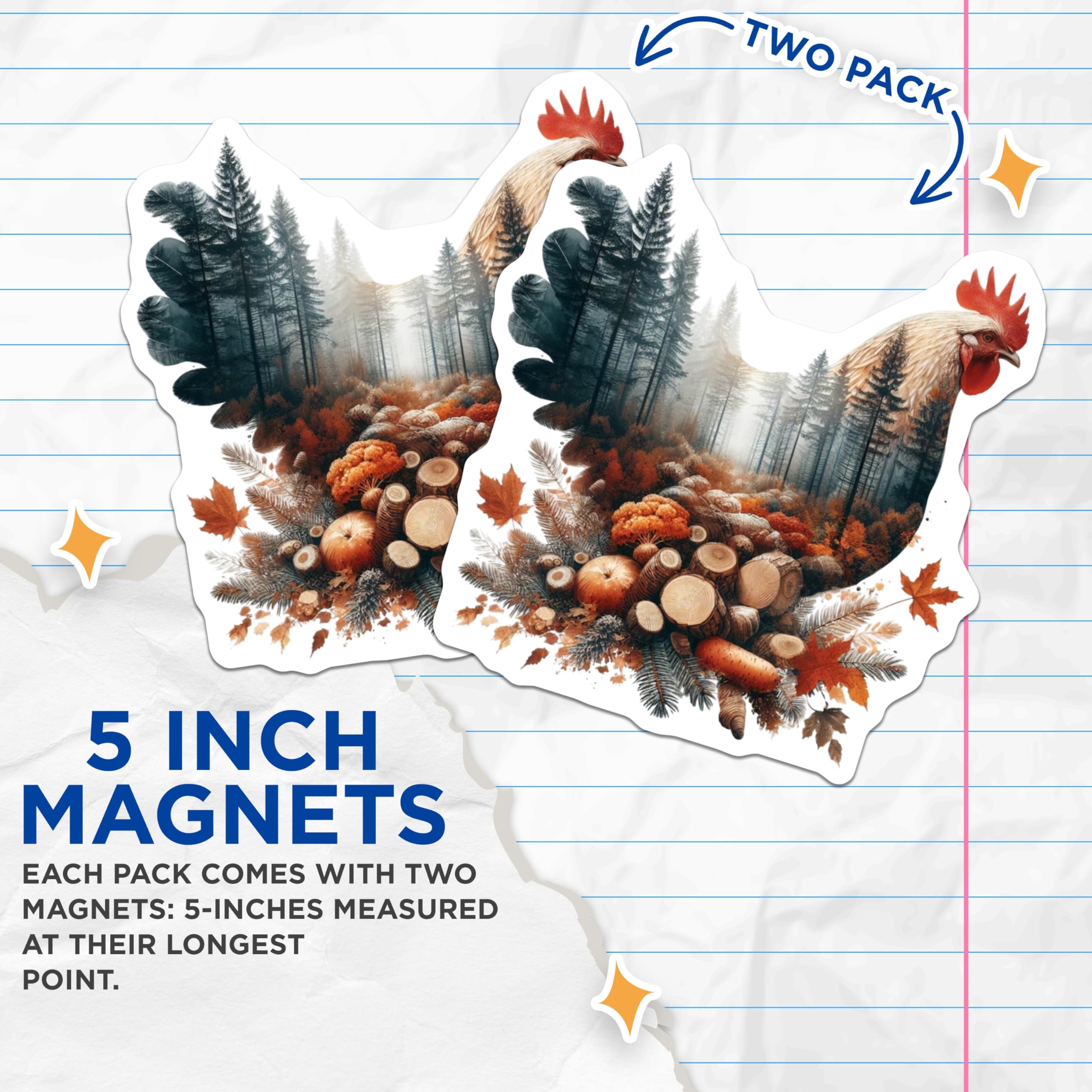 (2 Pack) Rooster Scene Magnets - Farmhouse Decor - Autumn Forest Fridge Magnets - 5" On Longest Side - Premium Magnet - for Cars, Refrigerators, Toolboxes, Lockers - Made in USA - MAG16360