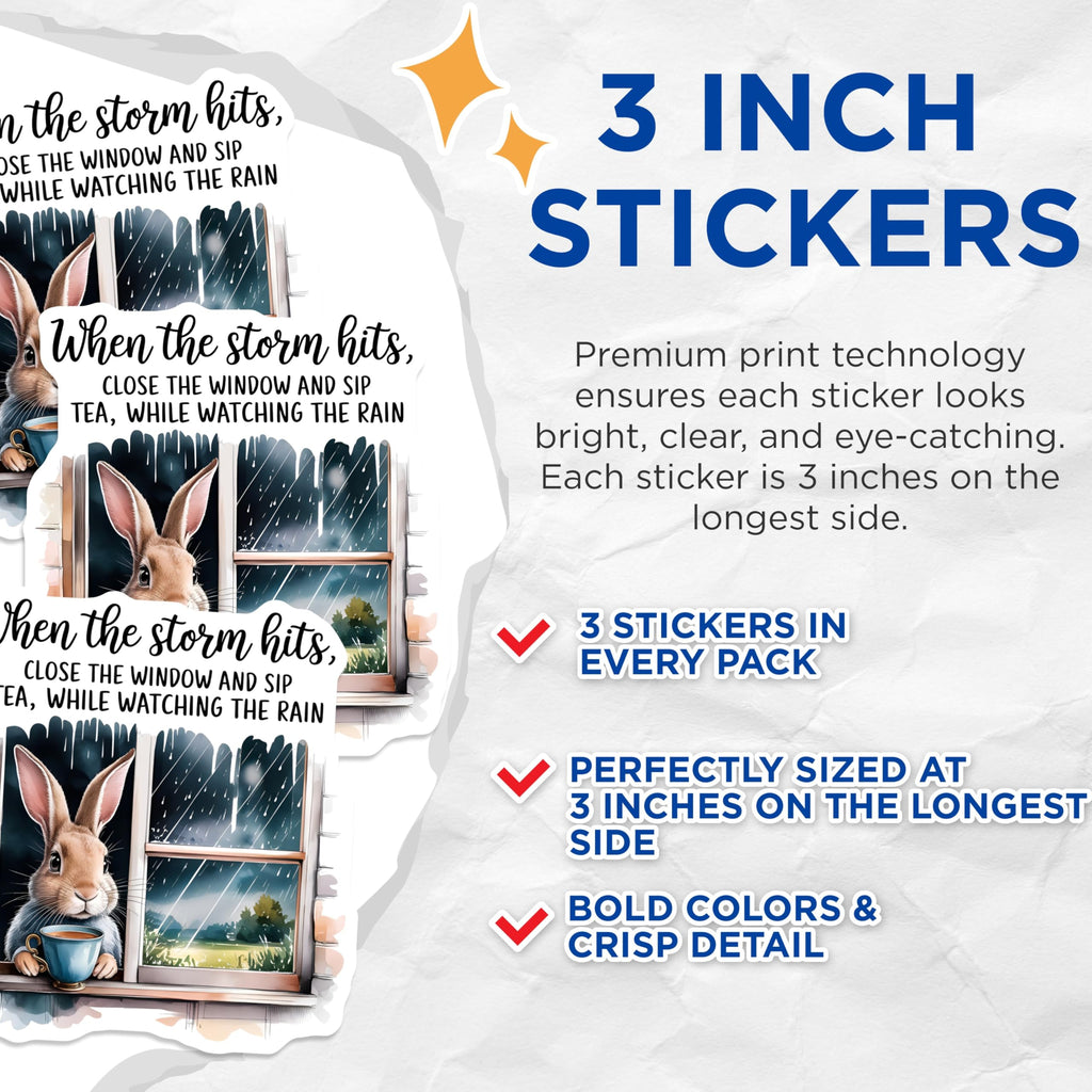 (3 Pack) Rainy Day Bunny Decals - Sip Tea - Laptop Decals - 3 Inches On Longest Side - Easy Peel & Apply - Made in USA - 3MCS4826