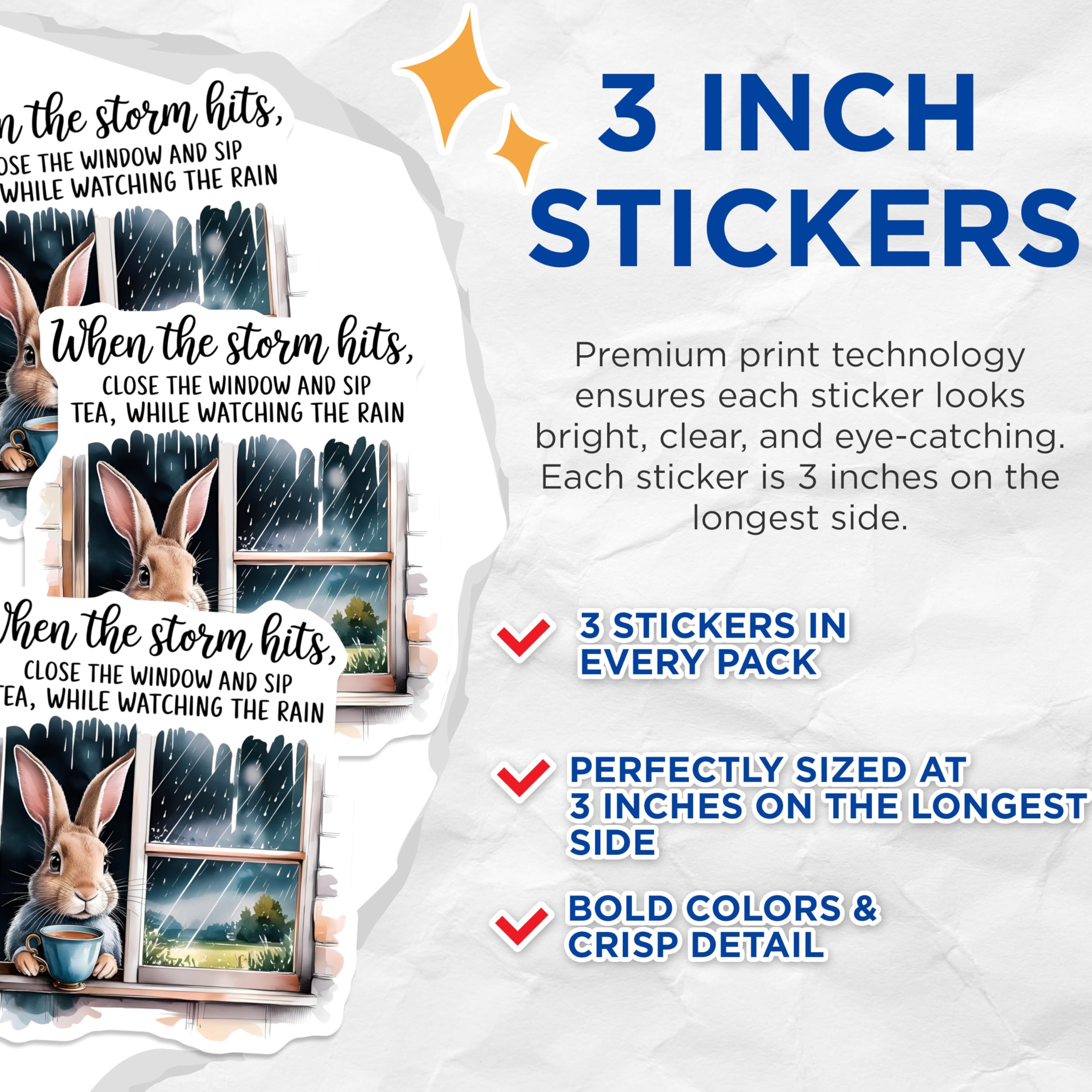 (3 Pack) Rainy Day Bunny Decals - Sip Tea - Laptop Decals - 3 Inches On Longest Side - Easy Peel & Apply - Made in USA - 3MCS4826