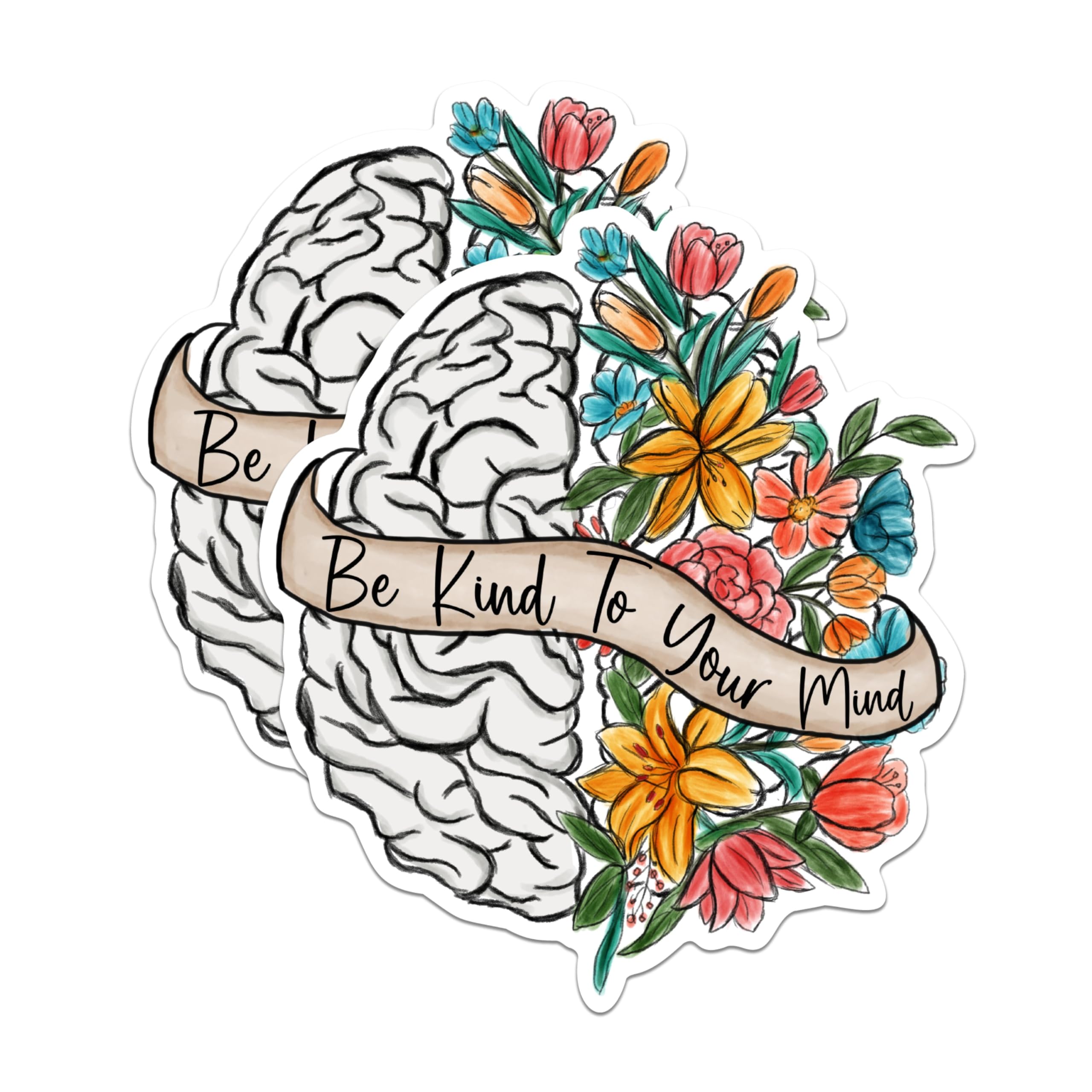 (2 Pack) Be Kind to Your Mind Stickers - Floral Brain Stickers - Mental Health Awareness Stickers - 5" On Longest Side - Sticks to Any Smooth Flat Surface - Made in USA - BMCS2850
