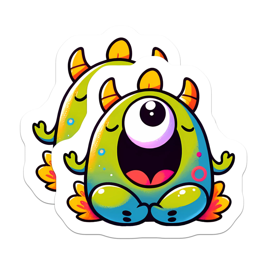 (2 Pack) Colorful Monster Stickers - Happy Cyclops Creature Decals - Whimsical Alien Character Art - 5" On Longest Side - Sticks to Smooth Flat Surfaces - Made in USA - BMCS21215
