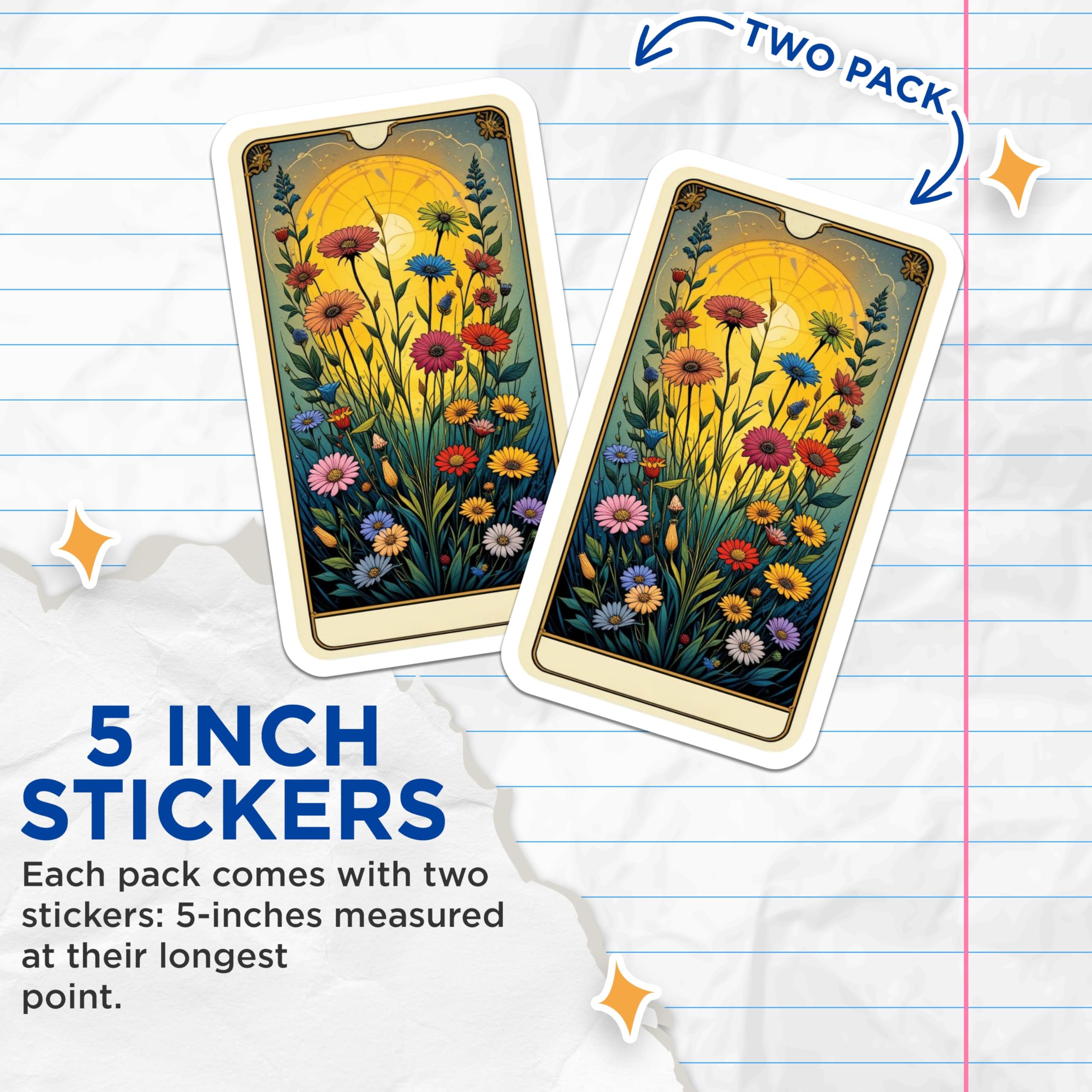 (2 Pack) Wildflower Celestial Sun Stickers - Art Nouveau Floral Field - Vibrant Nature Art Decor - 5" On Longest Side - Sticks to Smooth Flat Surfaces - Made in USA - BMCS20800