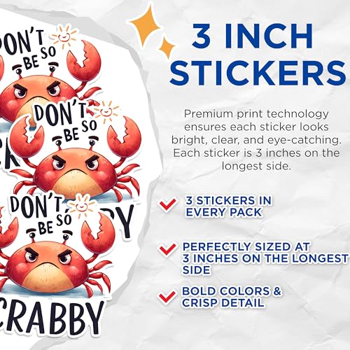 (3 Pack) Crabby Decals - Grumpy Crab - Funny Crab Sticker - 3 Inches On Longest Side - Easy Peel & Apply - Made in USA - 3MCS1481