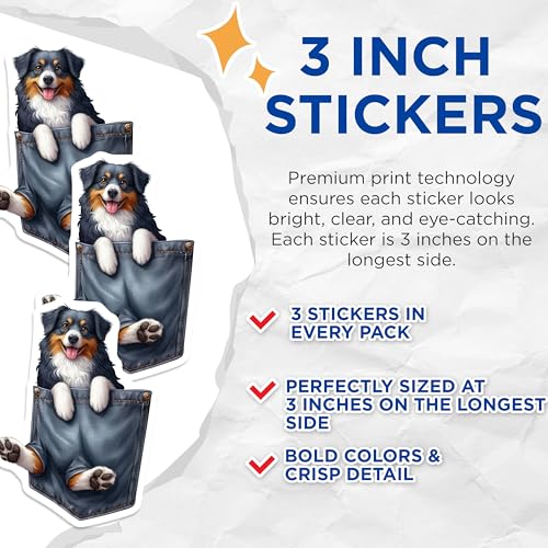 (3 Pack) Australian Shepherd Decals - Dog in Pocket Sticker - Cute Puppy Laptop Decal - 3 Inches On Longest Side - Easy Peel & Apply - Made in USA - 3MCS2590
