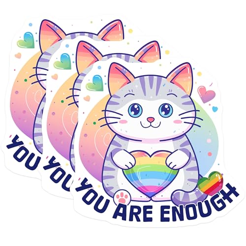 (3 Pack) LGBT Pride Cat Decals - Rainbow Heart - You are Enough - Laptop Decals - 3 Inches On Longest Side - Easy Peel & Apply - Made in USA - 3MCS7956