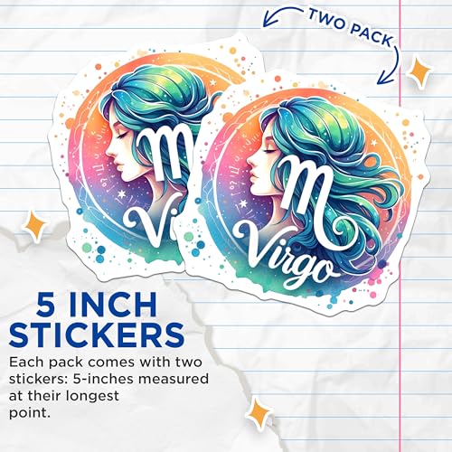 (2 Pack) Virgo Zodiac Sign Stickers - Astrology Art - Horoscope Design - 5" On Longest Side - Sticks to Smooth Flat Surfaces - Made in USA - BMCS6802