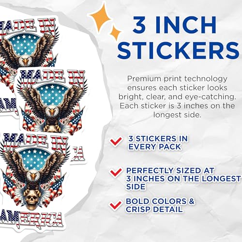 (3 Pack) American Eagle Decals - Patriotic Design - Made in America Sticker - 3 Inches On Longest Side - Easy Peel & Apply - Made in USA - 3MCS6159