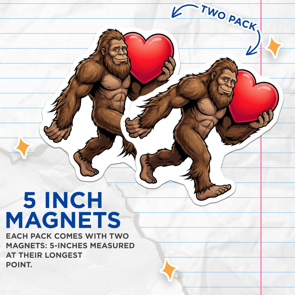 (2 Pack) Bigfoot Magnets - Heart Valentines Day - Cartoon Yeti Fridge Magnets - 5" On Longest Side - Premium Magnet - for Cars, Refrigerators, Toolboxes, Lockers - Made in USA - MAG16665