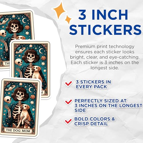 (3 Pack) Dog Mom Skeleton Decals - Cute Dog Lover - Tarot Card Decal - 3 Inches On Longest Side - Easy Peel & Apply - Made in USA - 3MCS4156