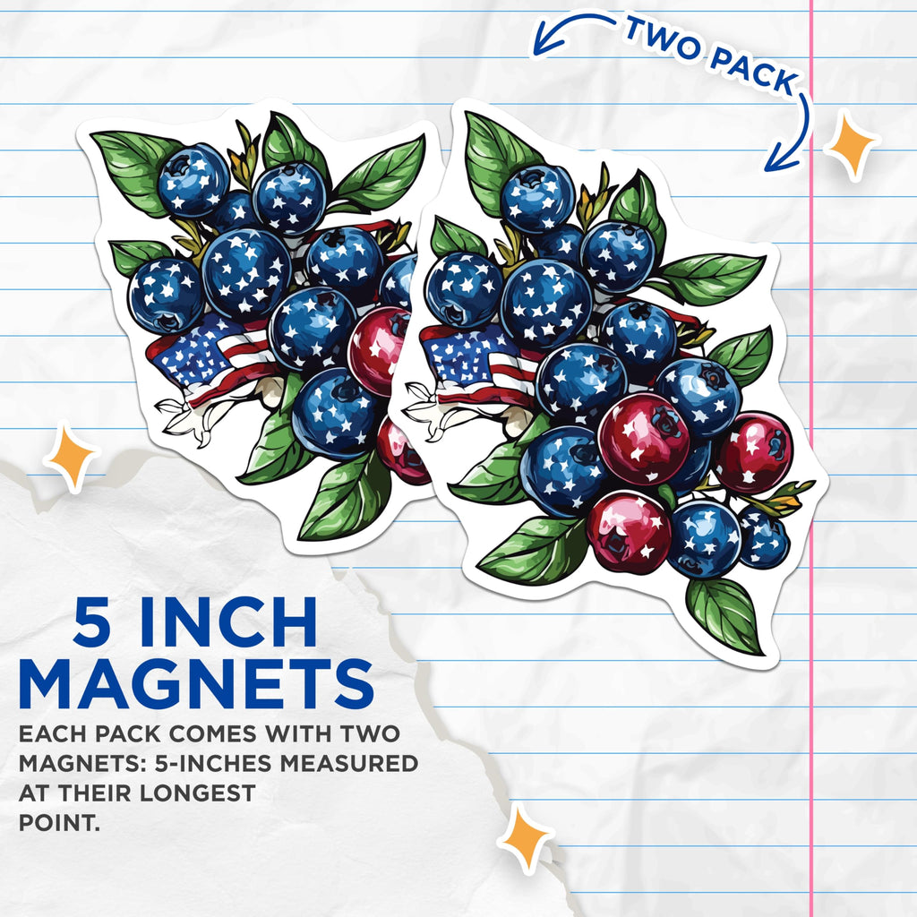 (2 Pack) Patriotic Blueberry Magnets - American Flag Summer Decor - Independence Day Fridge Home Decor Accent - 5 Inches On Longest Side - Thick Durable Magnet - Made in USA - MAG19922