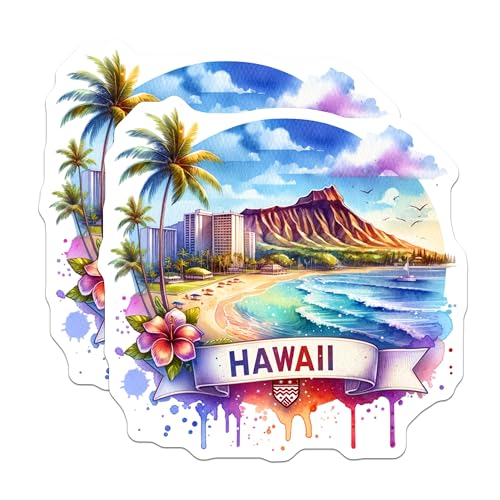 (2 Pack) Hawaii Travel Stickers - Beach Scene - Tropical Landscape Stickers - 5" On Longest Side - Sticks to Smooth Flat Surfaces - Made in USA - BMCS6901