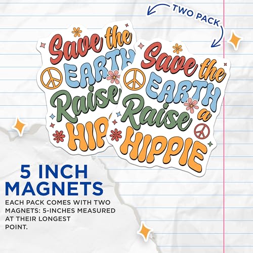 (2 Pack) Save The Earth Magnets Magnets - Raise a Hippie - Peace Sign Decor - 5" On Longest Side - Made in USA - Sticks to Refrigerators & Metal Surfaces - MAG8883