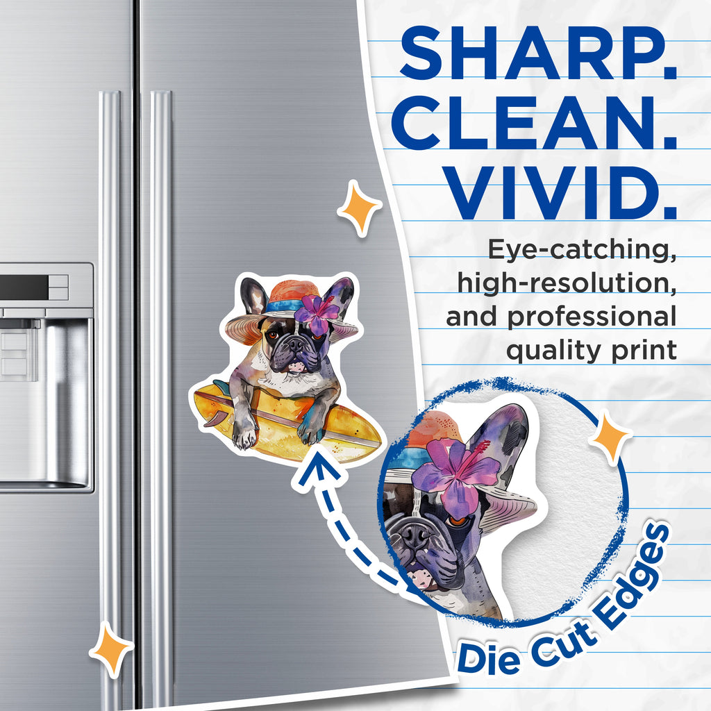 (2 Pack) French Bulldog Magnets - Surf Dog Art - Beach Frenchie Decor - Tropical Pet Lover - Refrigerator Locker Accent - 5 Inches On Longest Side - Thick Durable Magnet - Made in USA - MAG39790